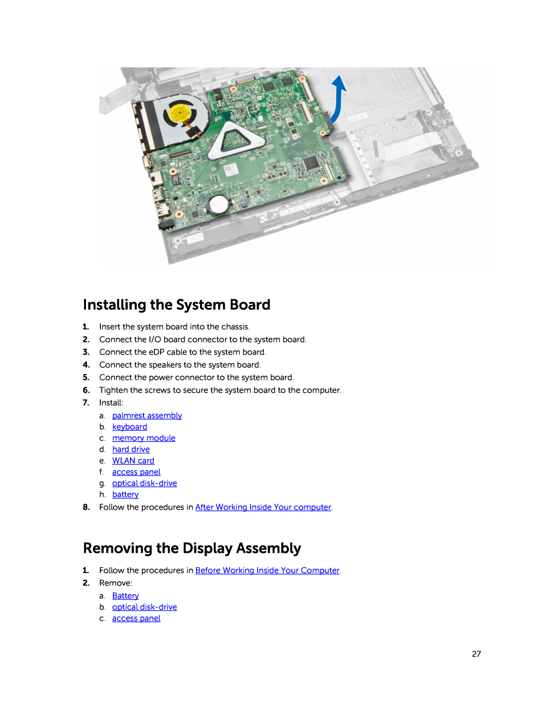 Dell P45F001 owner manual Installing the System Board, Removing the Display Assembly 