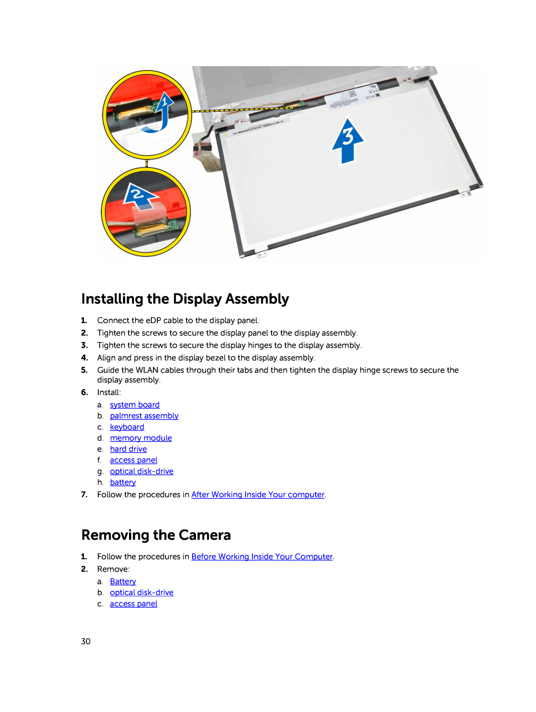 Dell P45F001 owner manual Installing the Display Assembly, Removing the Camera 