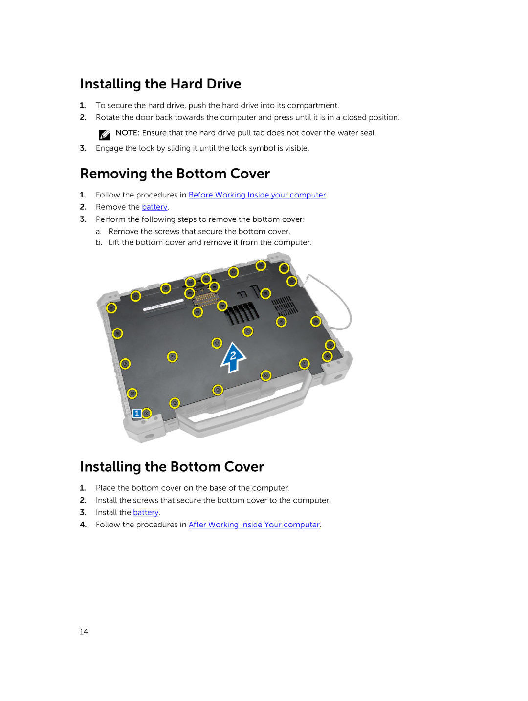 Dell P45G owner manual Installing the Hard Drive, Removing the Bottom Cover, Installing the Bottom Cover 