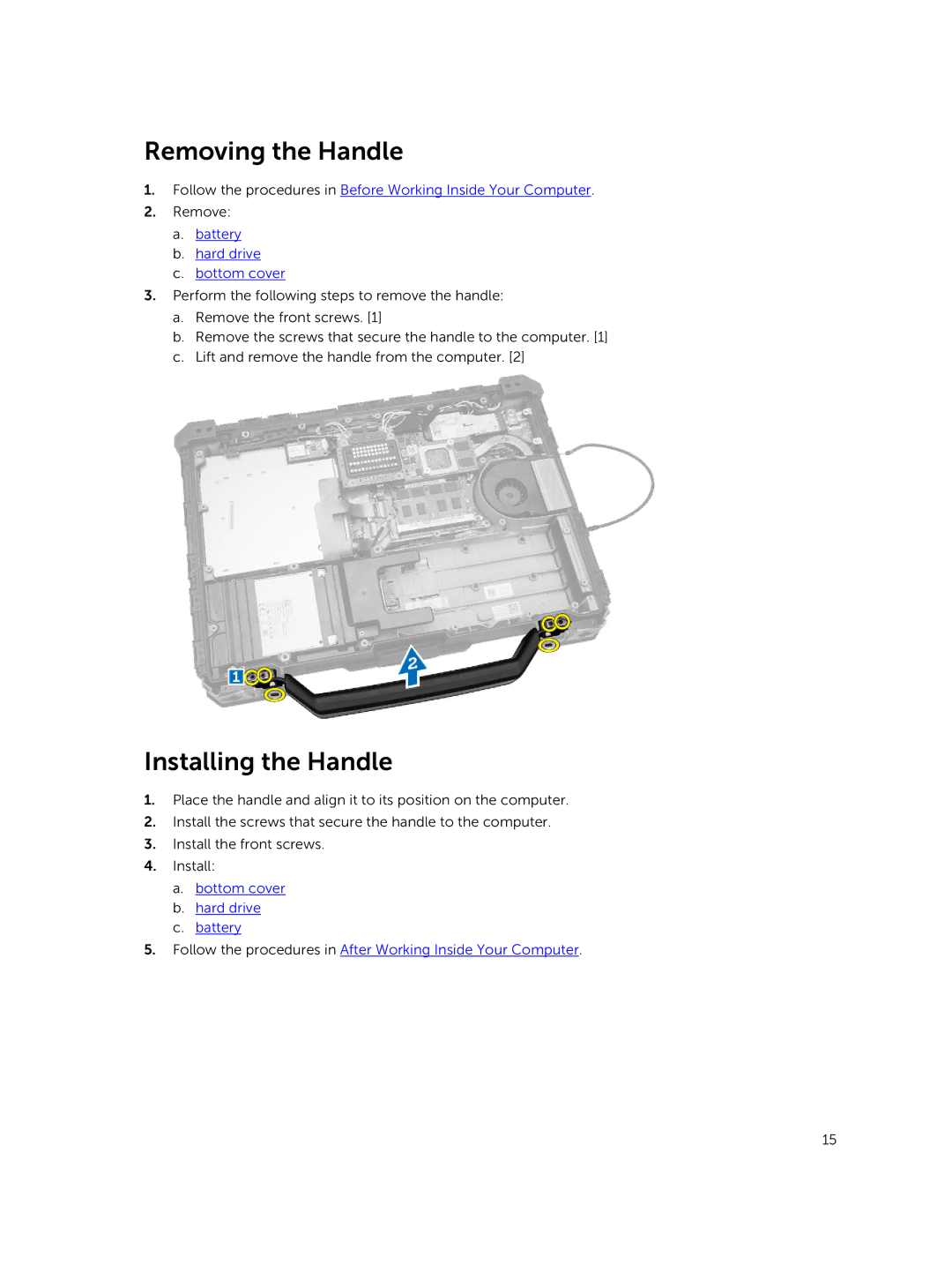 Dell P45G owner manual Removing the Handle, Installing the Handle, Battery Hard drive Bottom cover 