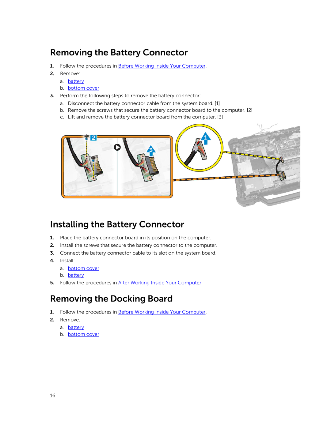 Dell P45G owner manual Removing the Battery Connector, Installing the Battery Connector, Removing the Docking Board 