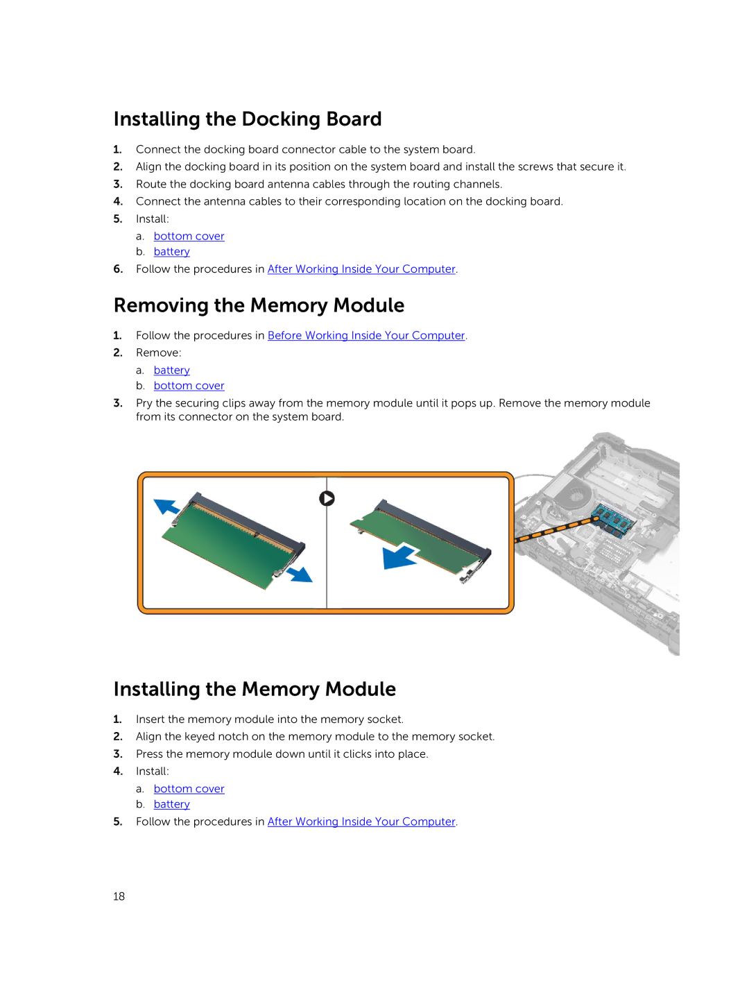 Dell P45G owner manual Installing the Docking Board, Removing the Memory Module, Installing the Memory Module 