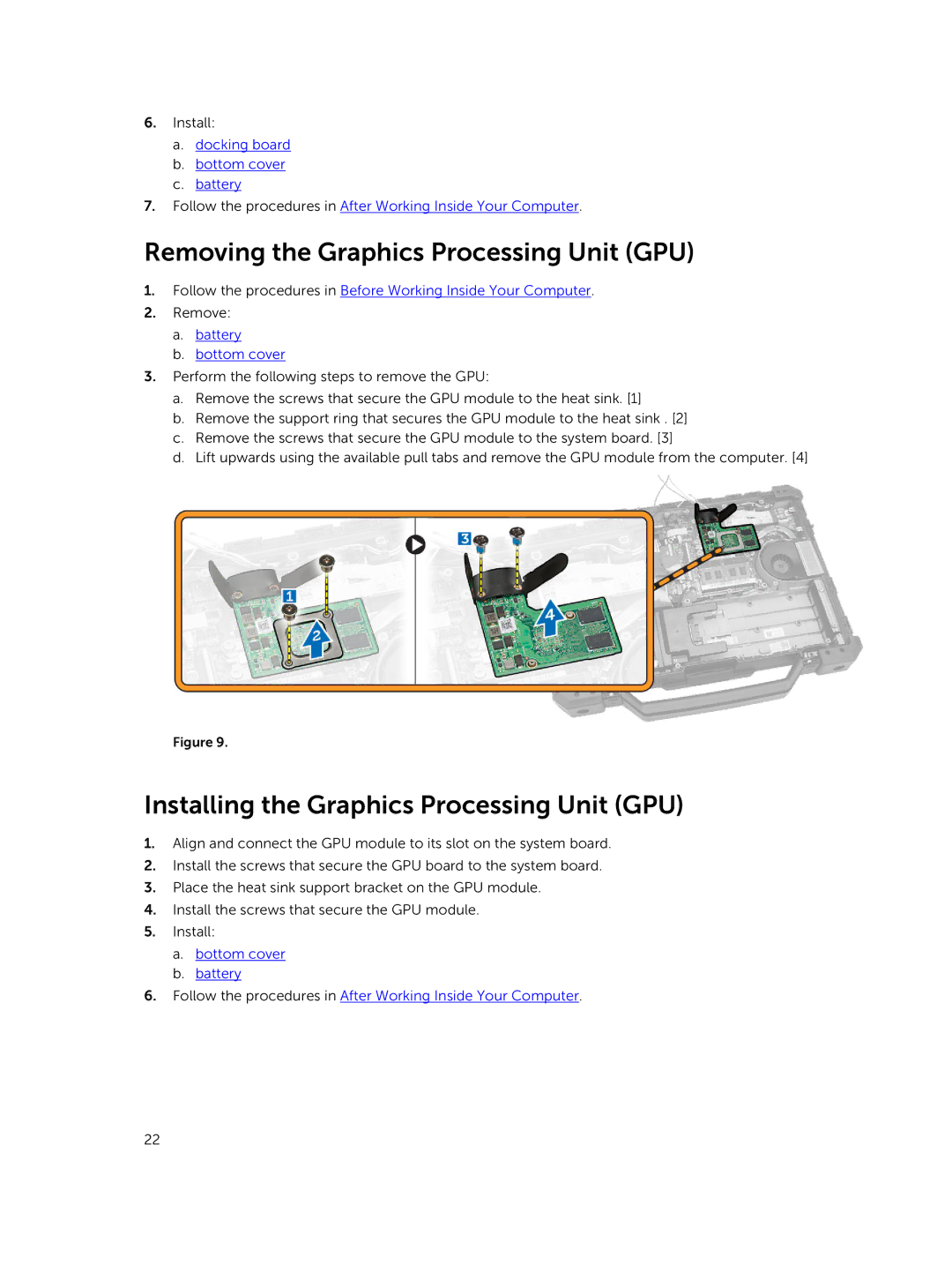 Dell P45G owner manual Removing the Graphics Processing Unit GPU, Installing the Graphics Processing Unit GPU 