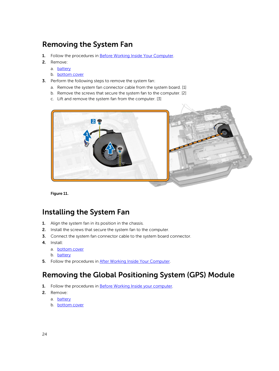 Dell P45G Removing the System Fan, Installing the System Fan, Removing the Global Positioning System GPS Module 