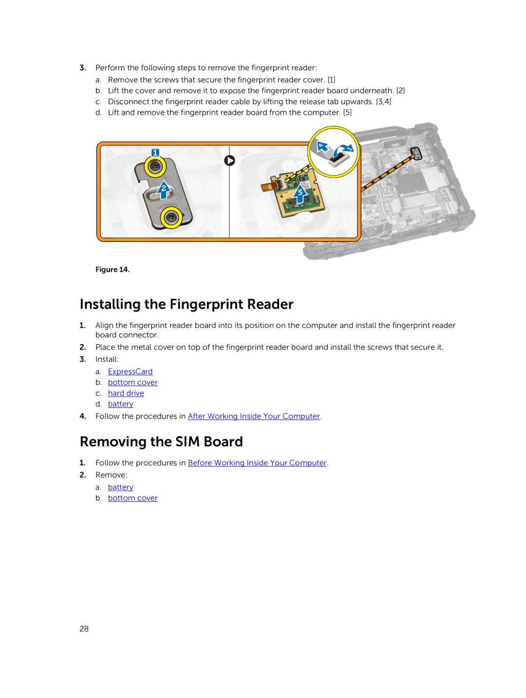 Dell P45G owner manual Installing the Fingerprint Reader, Removing the SIM Board 