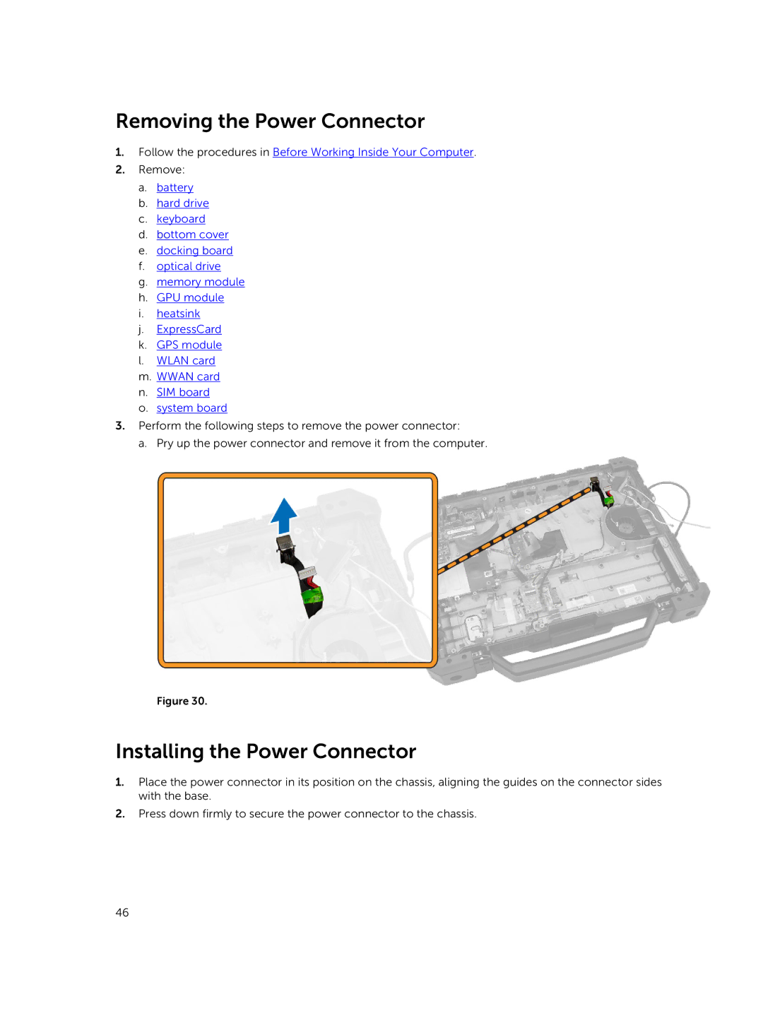 Dell P45G owner manual Removing the Power Connector, Installing the Power Connector 