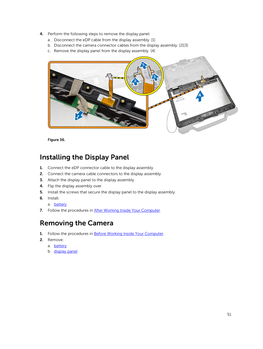 Dell P45G owner manual Installing the Display Panel, Removing the Camera, Battery Display panel 