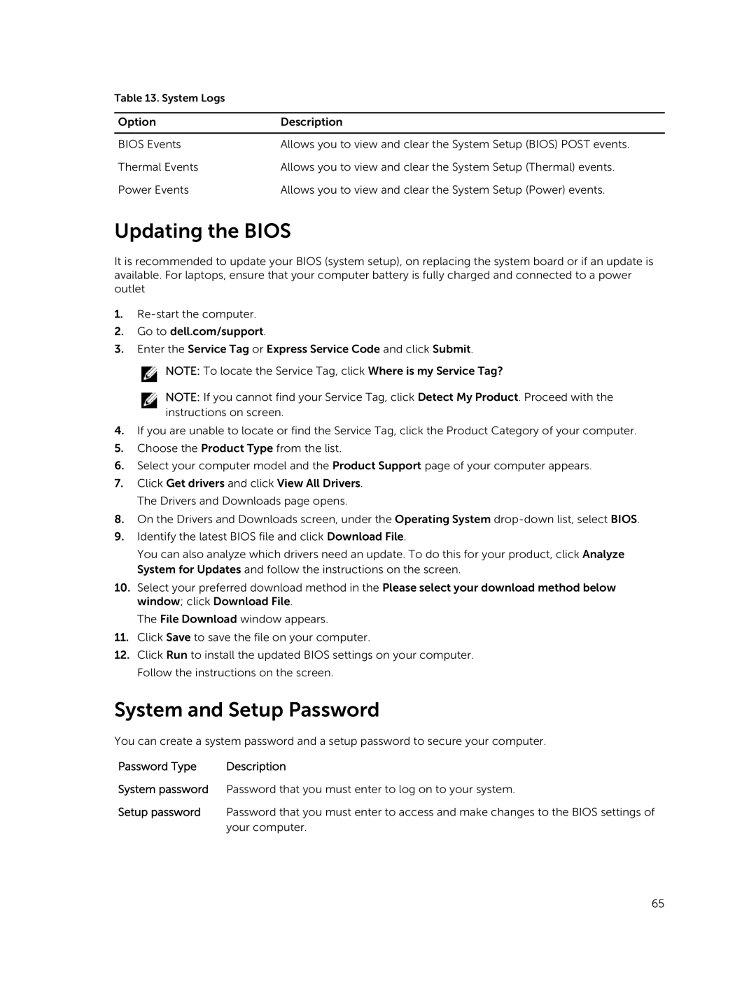 Dell P45G owner manual Updating the Bios, System and Setup Password 