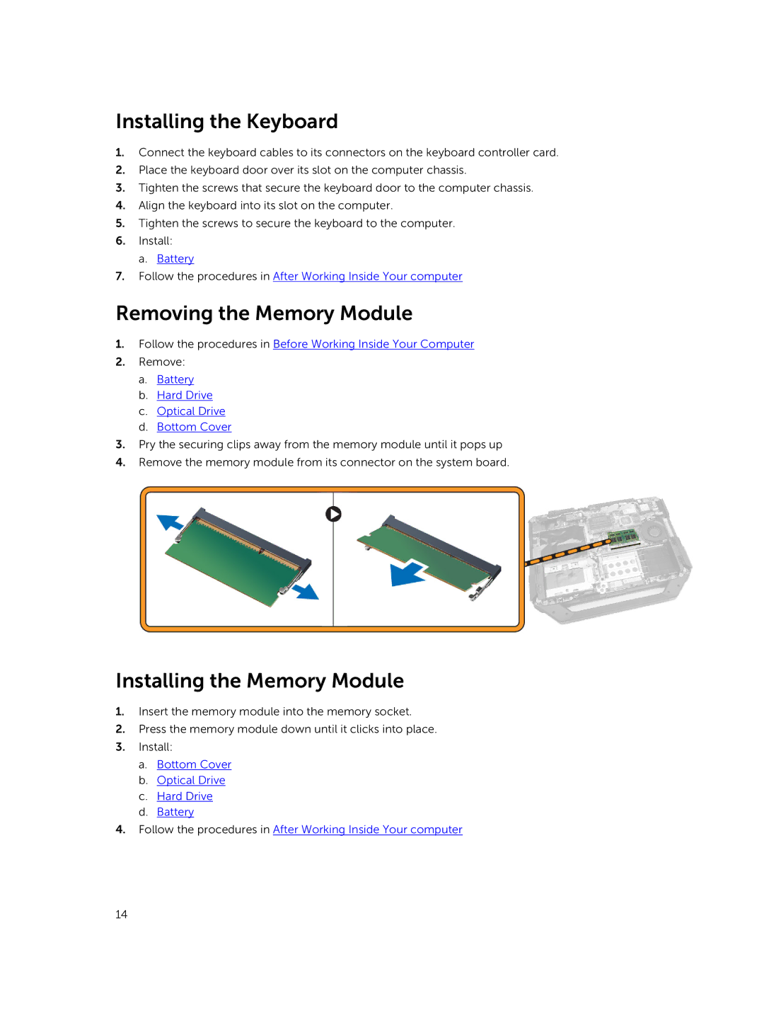 Dell P46G owner manual Installing the Keyboard, Removing the Memory Module, Installing the Memory Module 