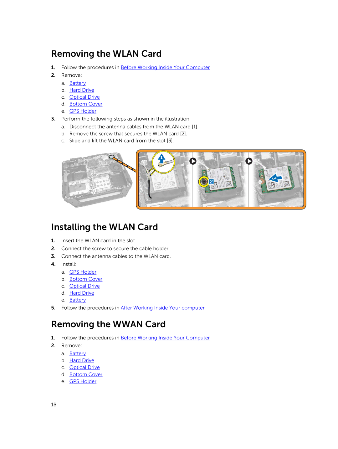 Dell P46G owner manual Removing the Wlan Card, Installing the Wlan Card, Removing the Wwan Card 