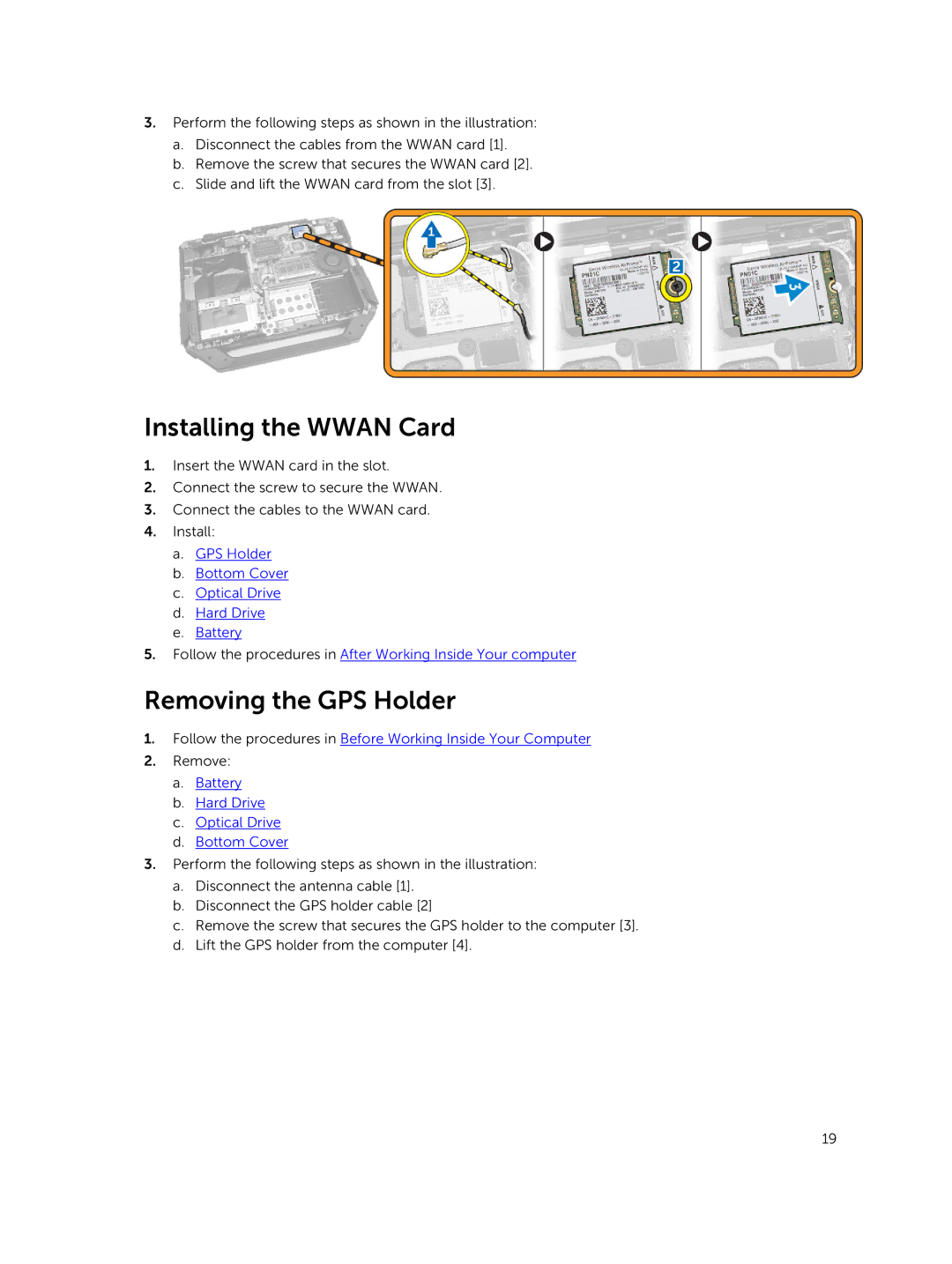 Dell P46G owner manual Installing the Wwan Card, Removing the GPS Holder 