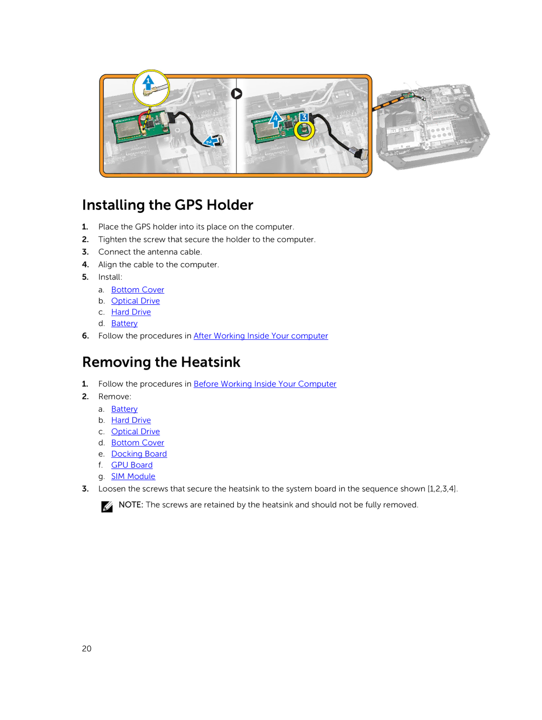 Dell P46G owner manual Installing the GPS Holder, Removing the Heatsink 