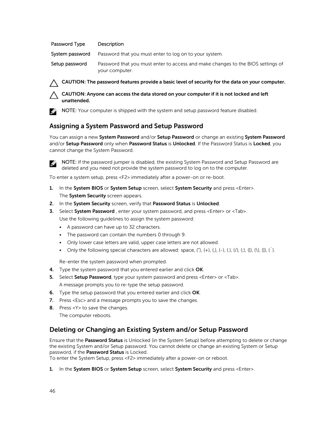 Dell P46G owner manual Assigning a System Password and Setup Password 