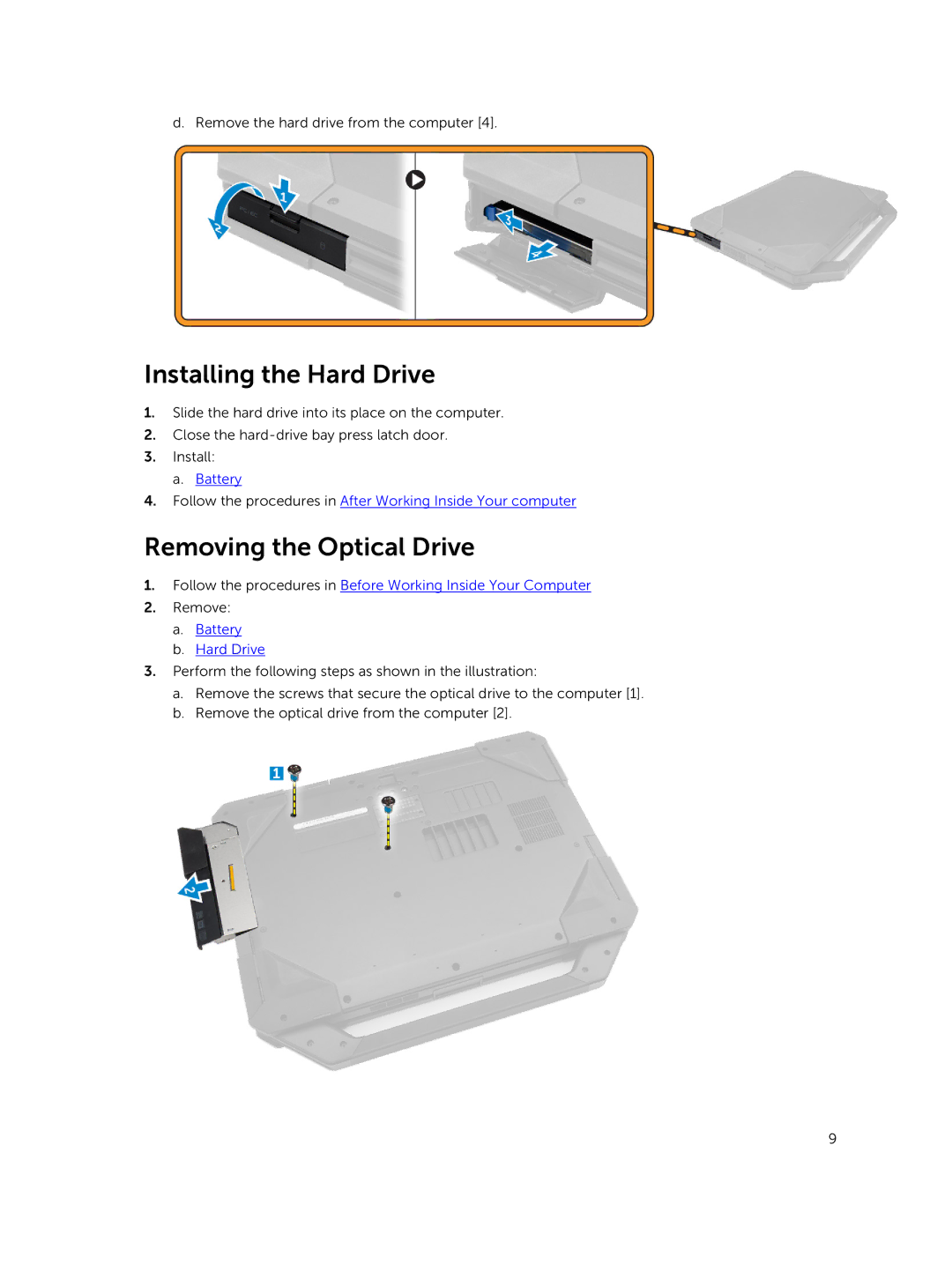 Dell P46G owner manual Installing the Hard Drive, Removing the Optical Drive, Battery Hard Drive 