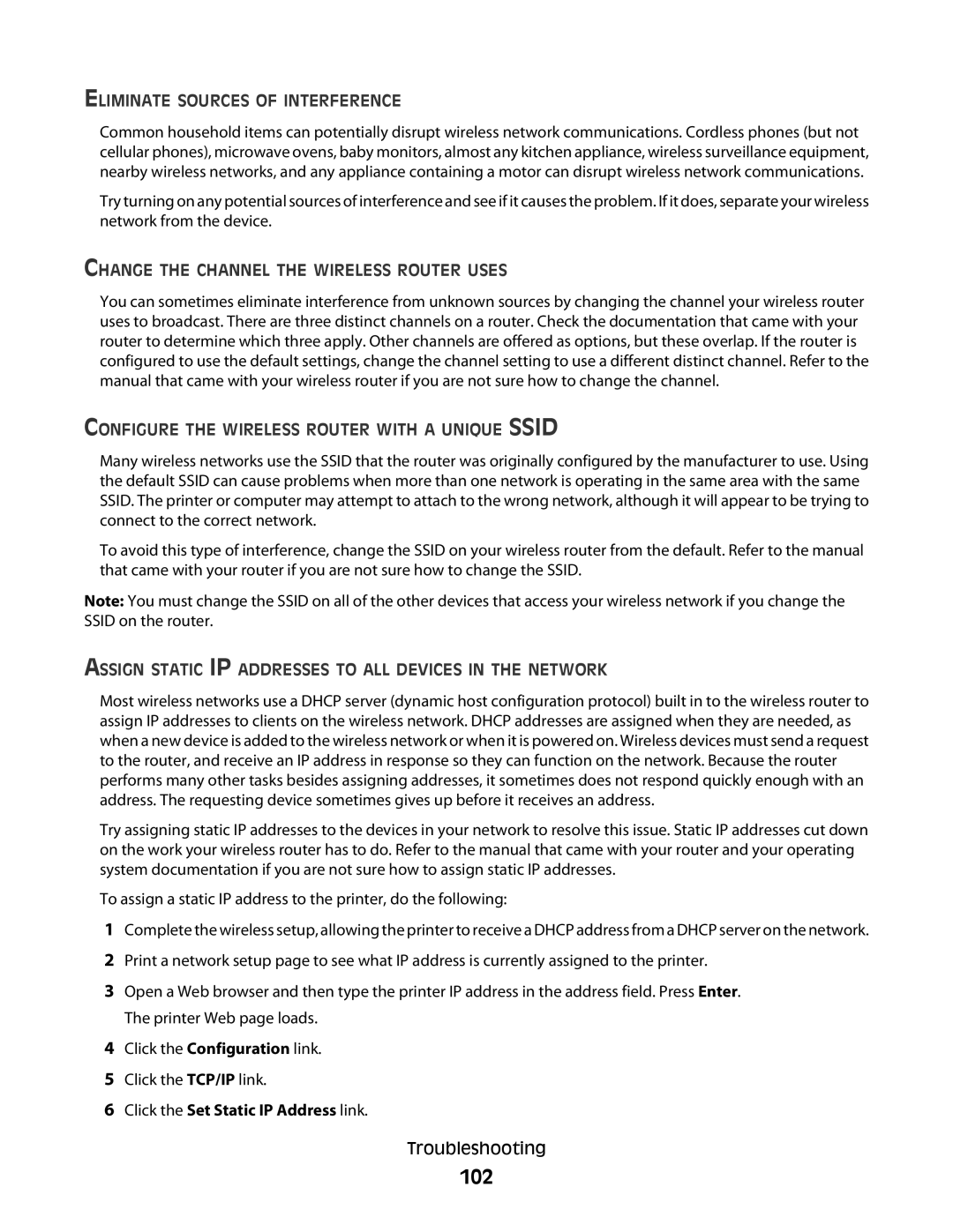 Dell P513w manual 102, Eliminate Sources of Interference, Change the Channel the Wireless Router Uses 