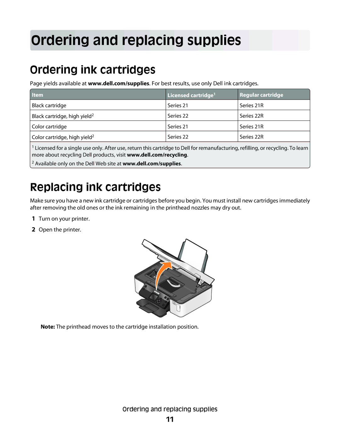 Dell P513w manual Ordering and replacing supplies, Ordering ink cartridges, Replacing ink cartridges 