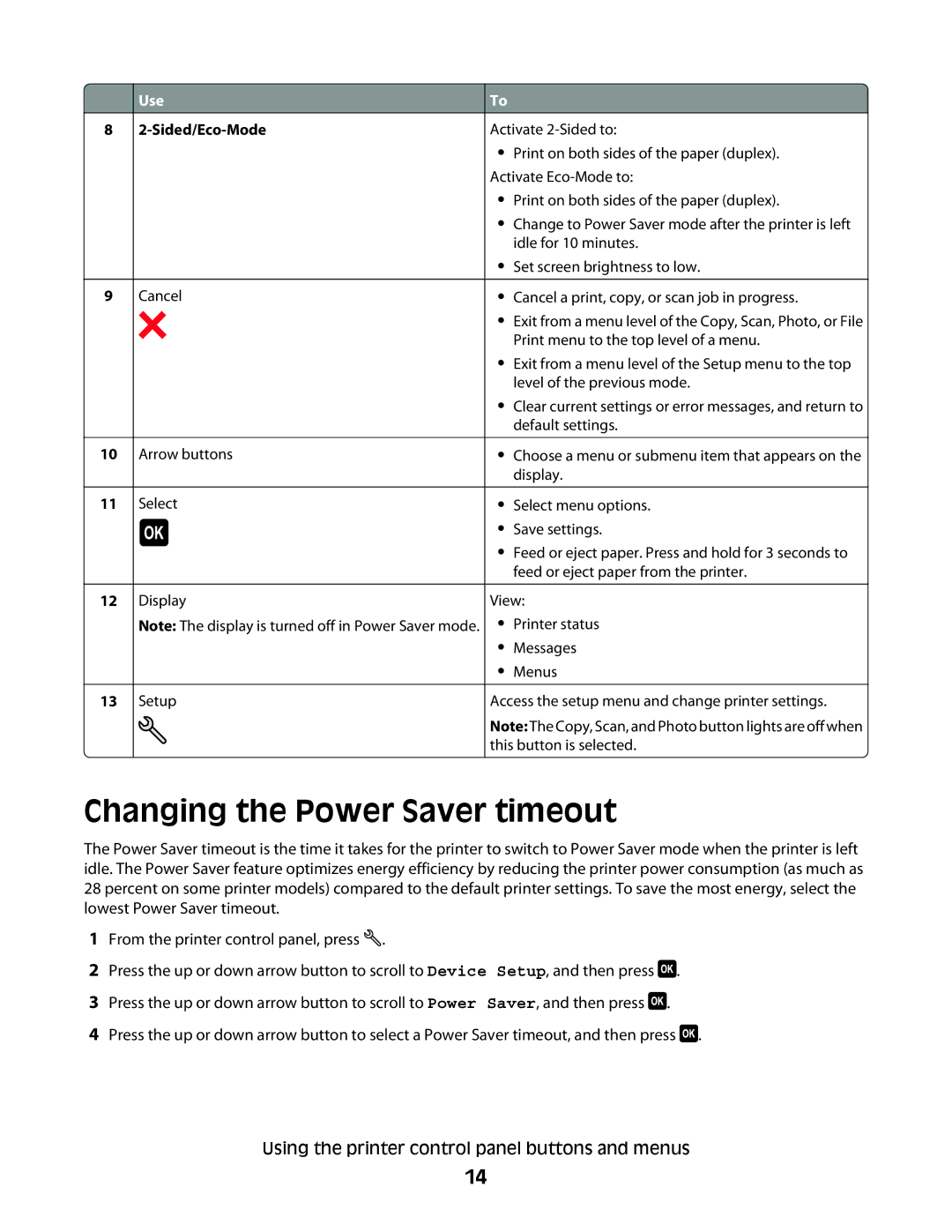 Dell P513w manual Changing the Power Saver timeout, Sided/Eco-Mode 