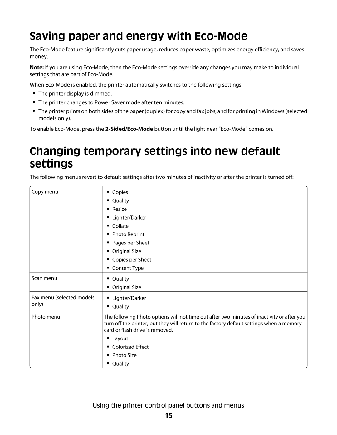 Dell P513w manual Saving paper and energy with Eco-Mode, Changing temporary settings into new default settings 