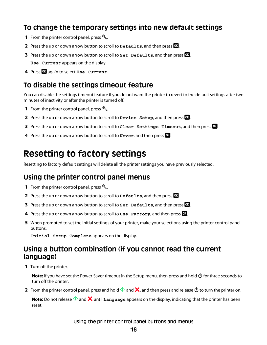 Dell P513w manual Resetting to factory settings, To change the temporary settings into new default settings 