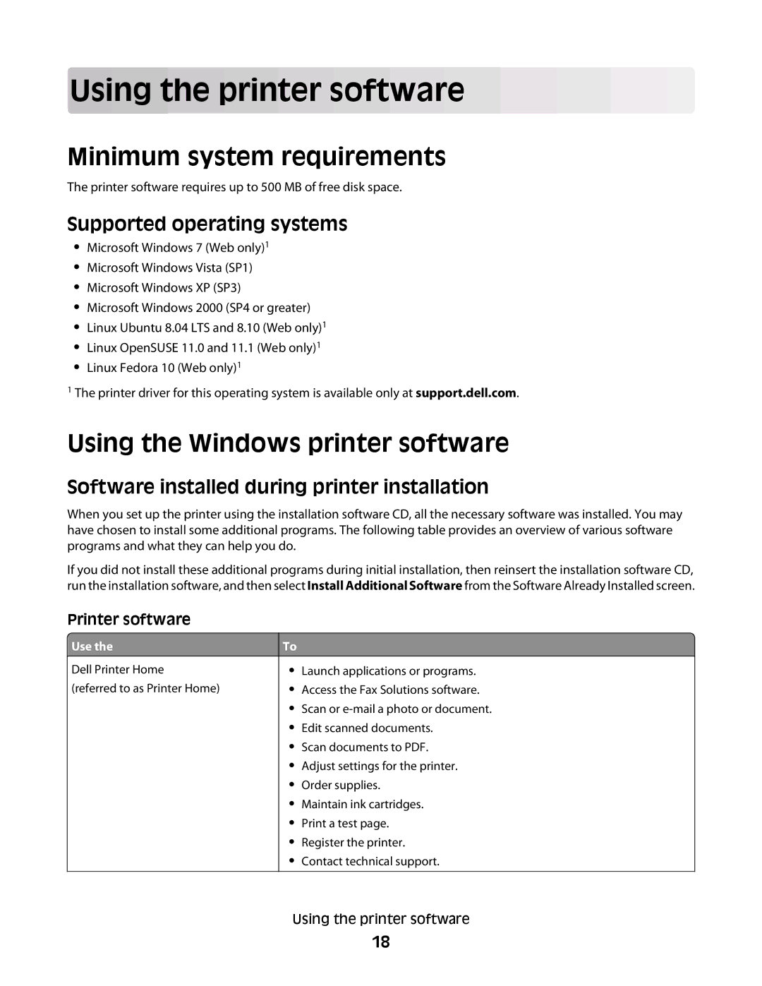 Dell P513w manual Using the printer software, Minimum system requirements, Using the Windows printer software 