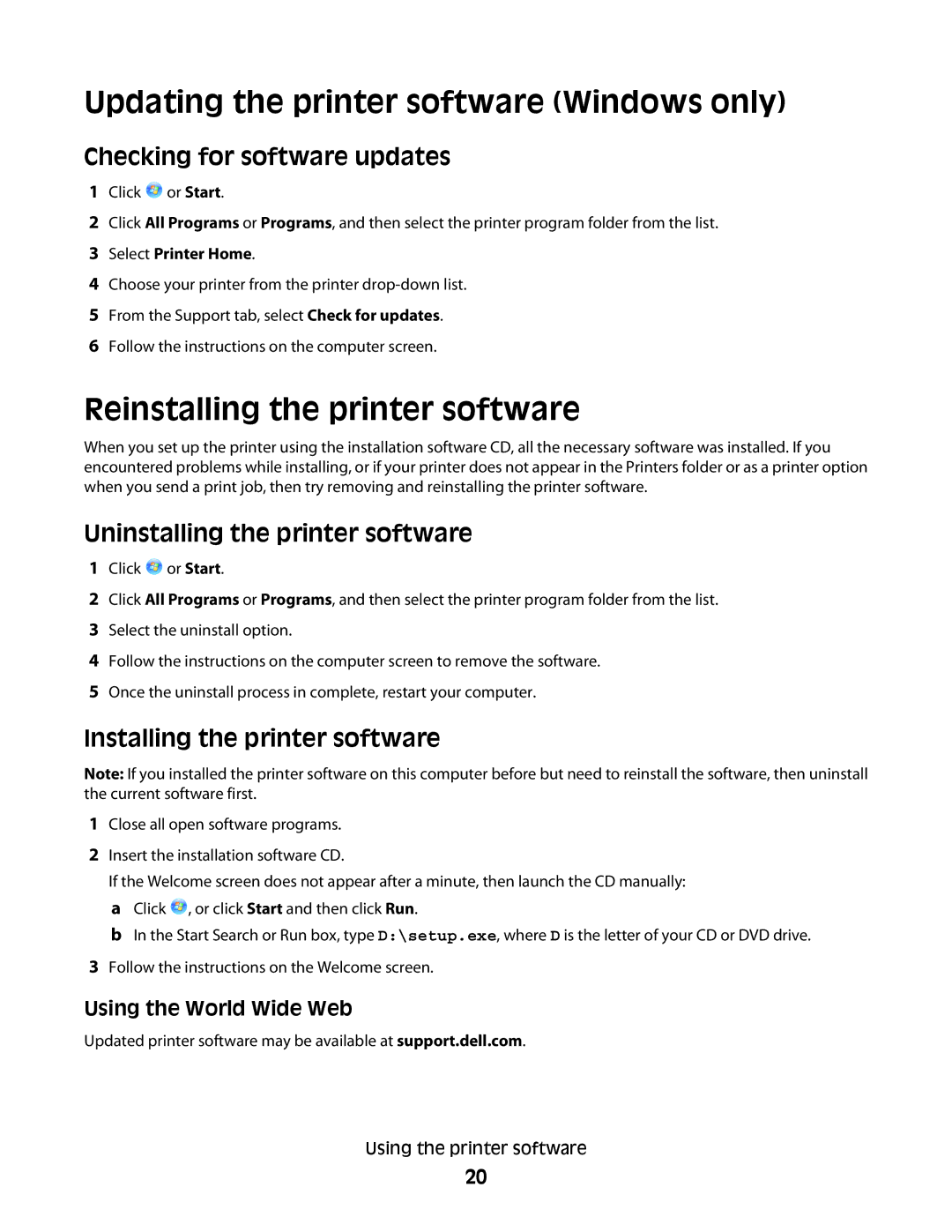 Dell P513w Updating the printer software Windows only, Reinstalling the printer software, Checking for software updates 