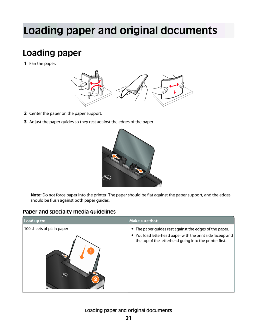 Dell P513w manual Loading paper and original documents 