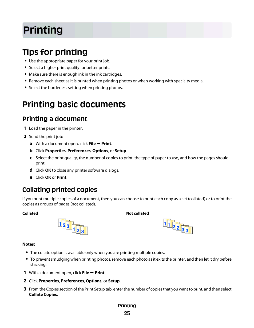 Dell P513w manual Tips for printing, Printing basic documents, Printing a document, Collating printed copies 