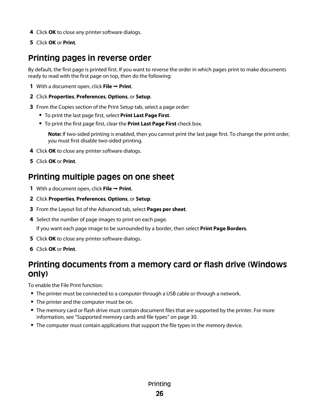 Dell P513w manual Printing pages in reverse order, Printing multiple pages on one sheet 