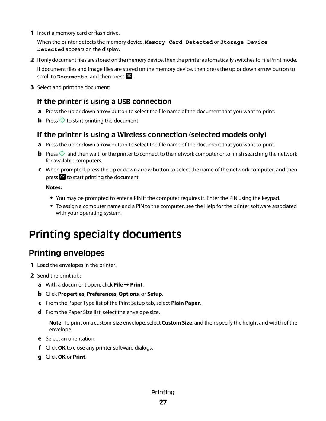 Dell P513w manual Printing specialty documents, Printing envelopes, If the printer is using a USB connection 