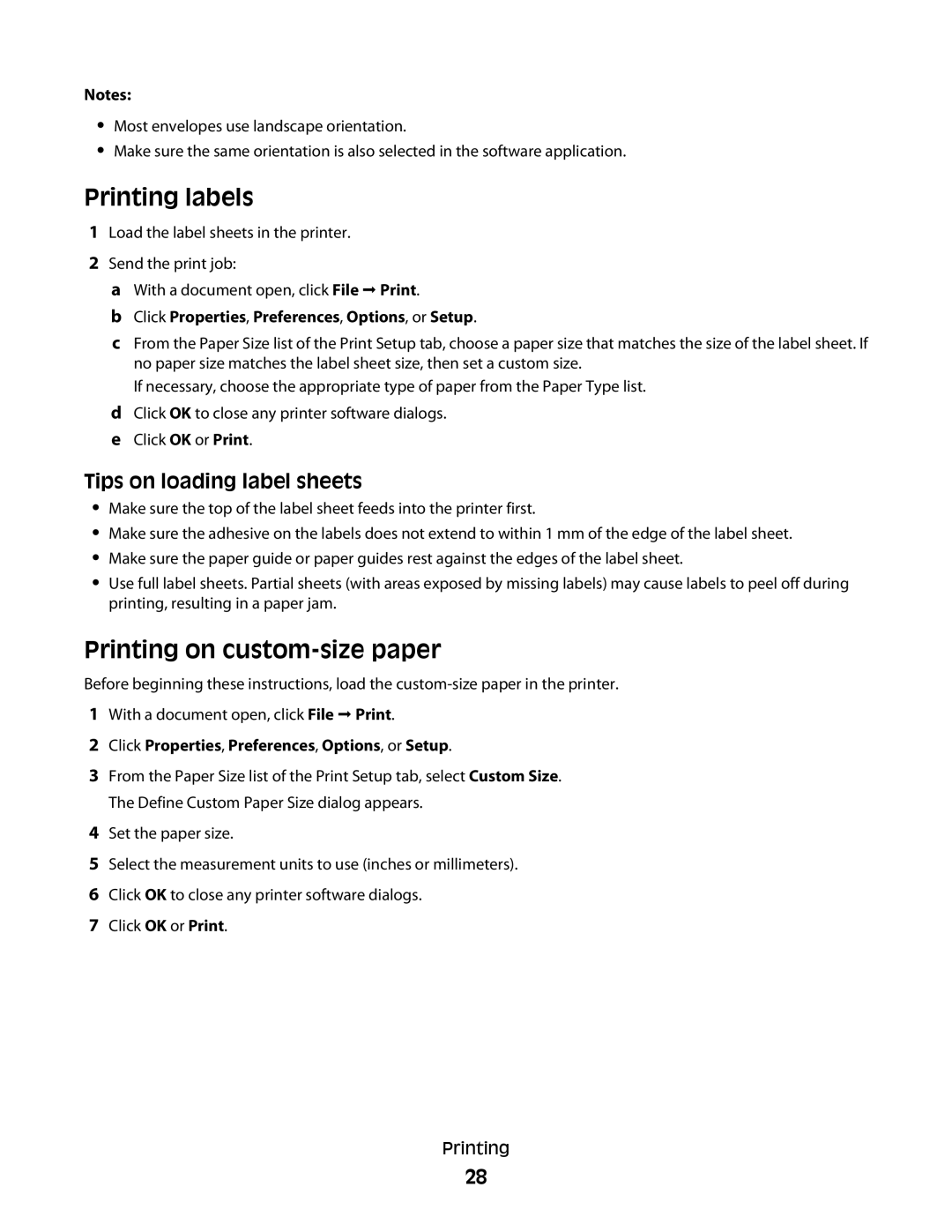 Dell P513w manual Printing labels, Printing on custom-size paper, Tips on loading label sheets 