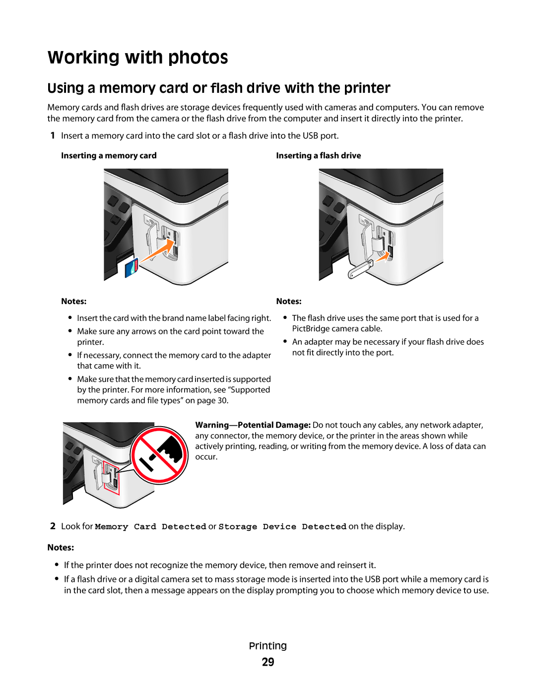 Dell P513w manual Working with photos, Using a memory card or flash drive with the printer 