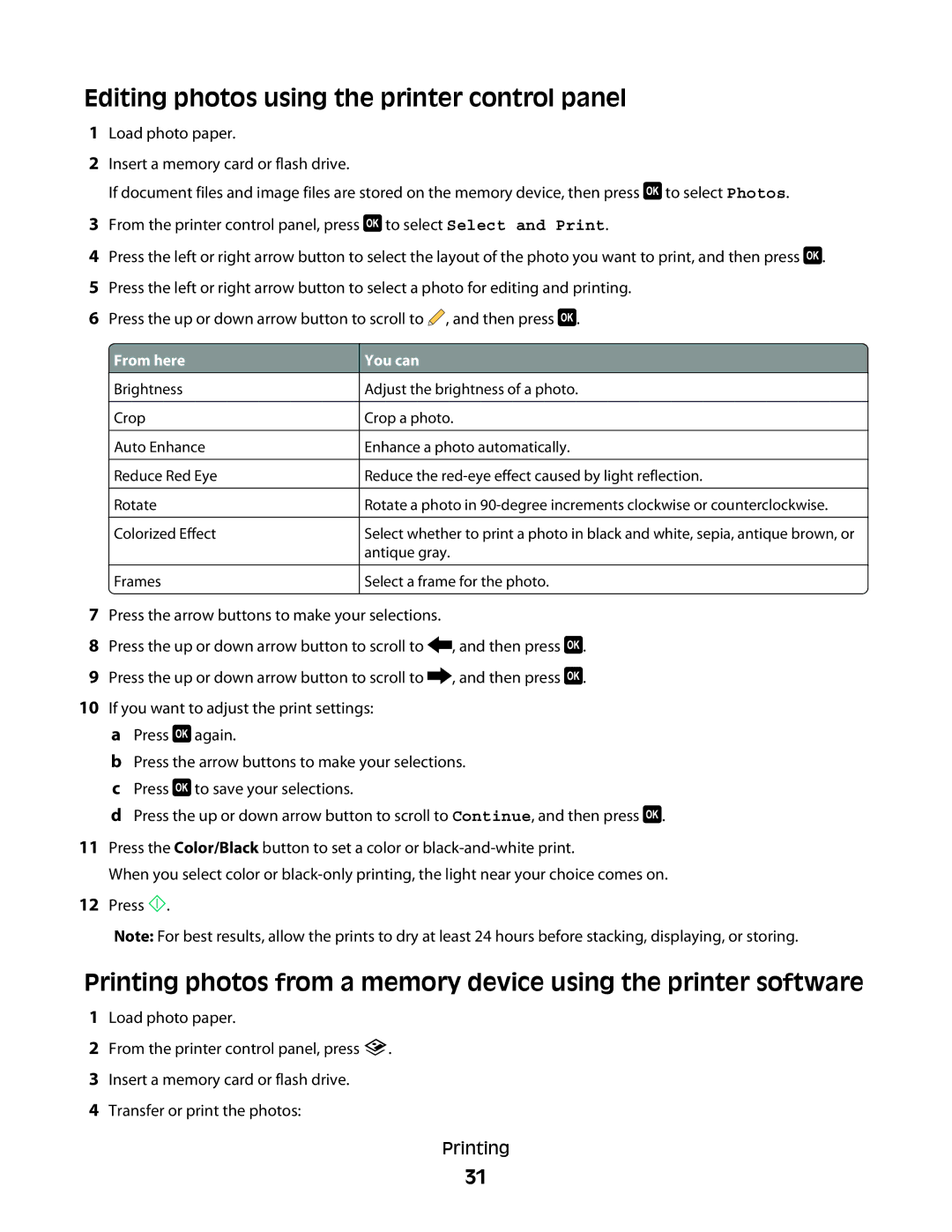 Dell P513w manual Editing photos using the printer control panel, You can 