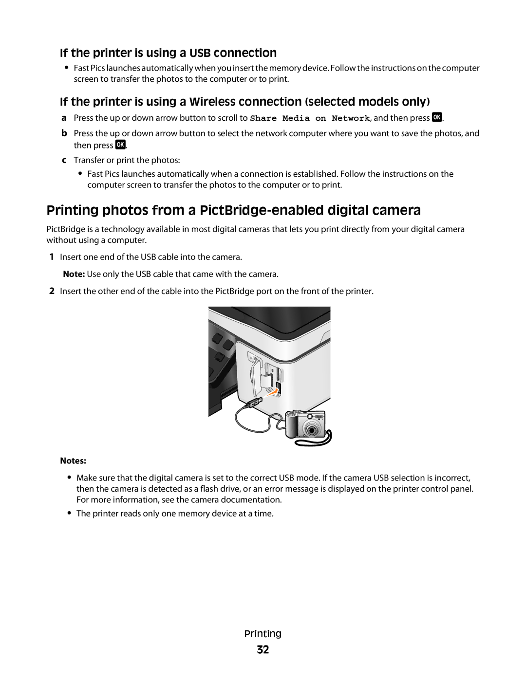 Dell P513w manual Printing photos from a PictBridge-enabled digital camera, If the printer is using a USB connection 