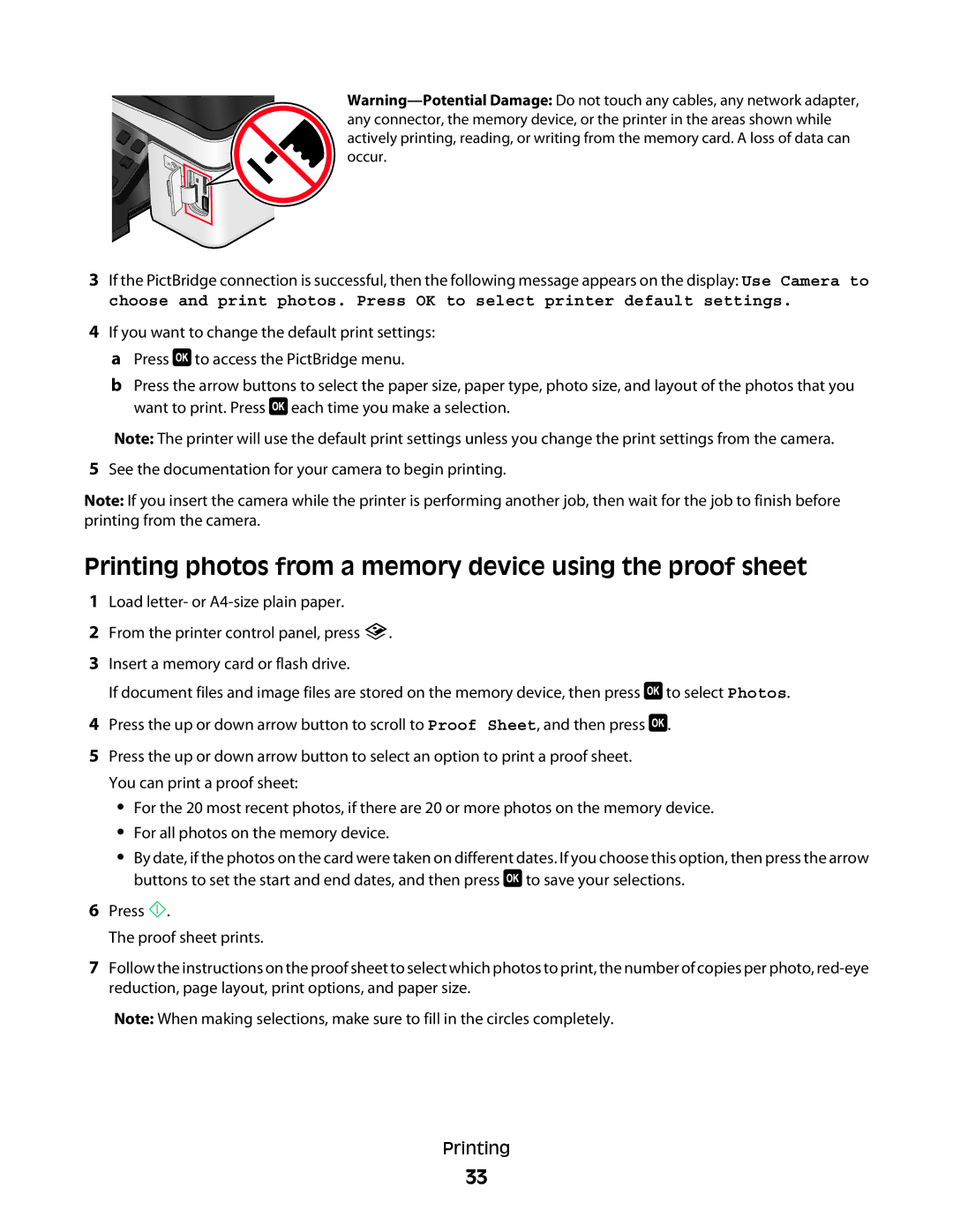 Dell P513w manual Printing photos from a memory device using the proof sheet 