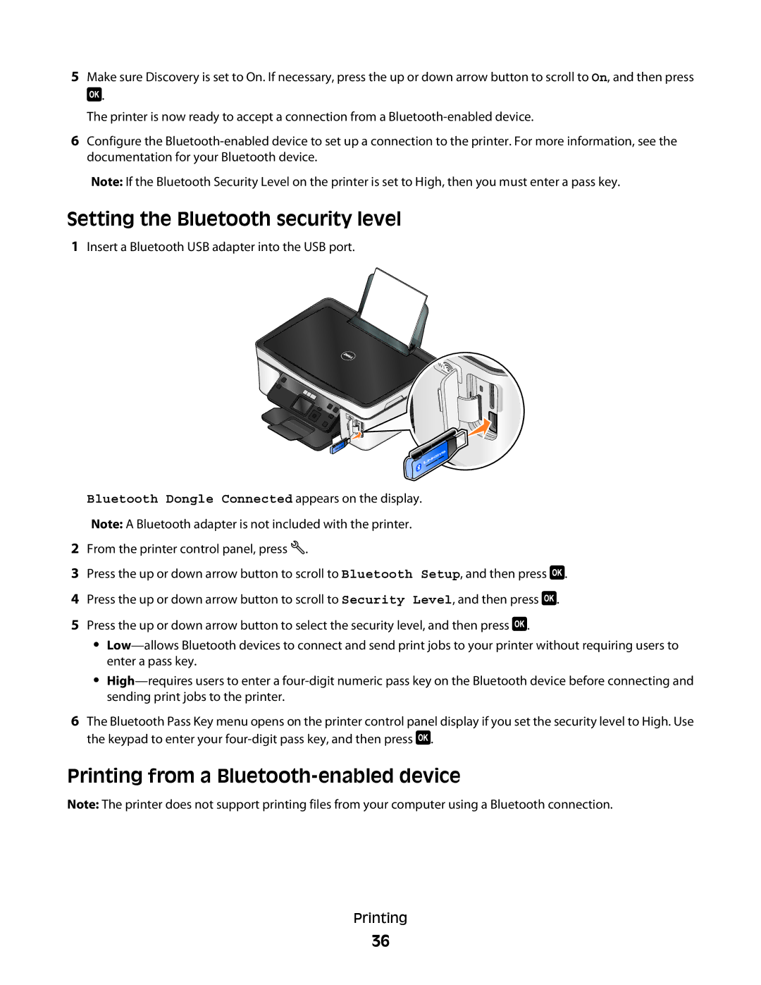 Dell P513w manual Setting the Bluetooth security level, Printing from a Bluetooth-enabled device 