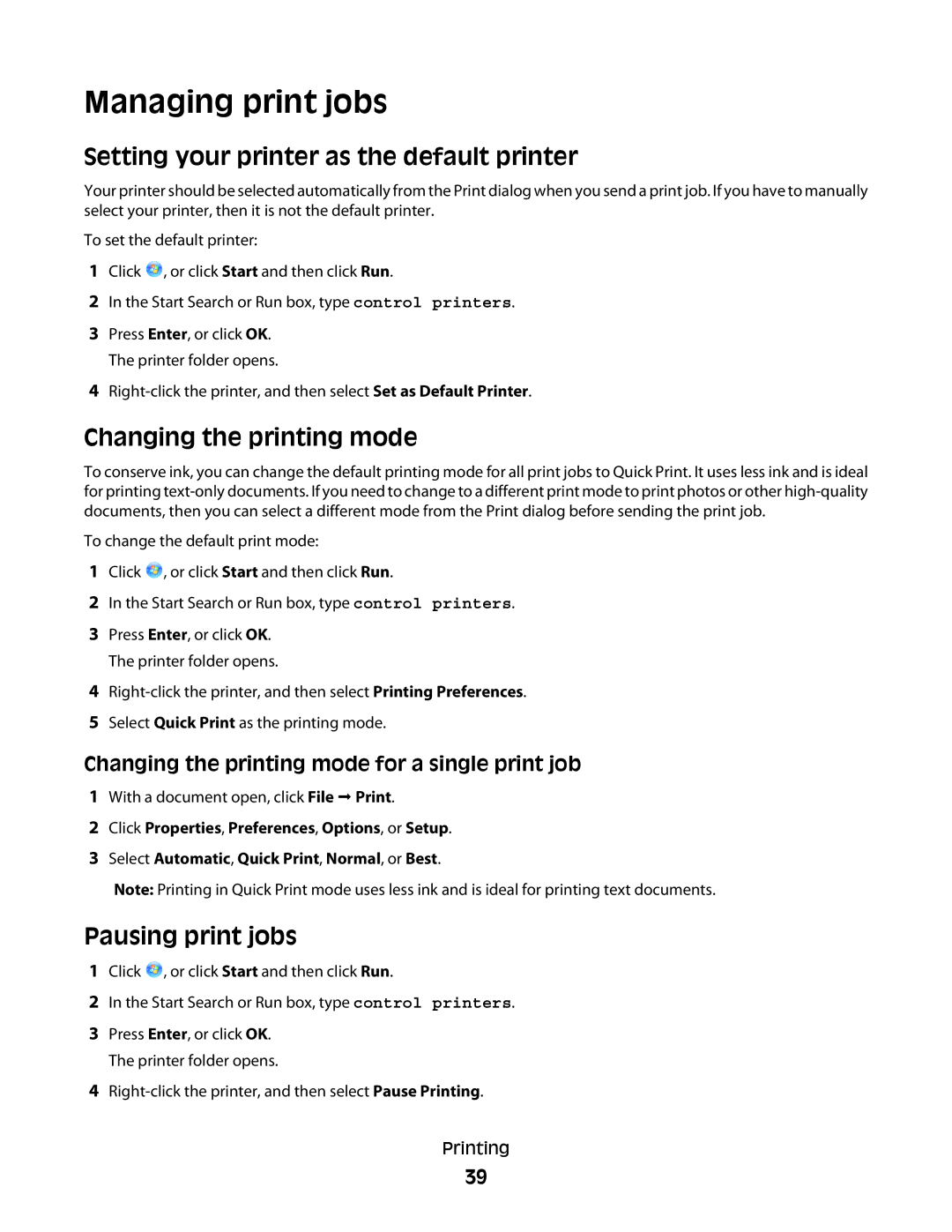 Dell P513w manual Managing print jobs, Setting your printer as the default printer, Changing the printing mode 