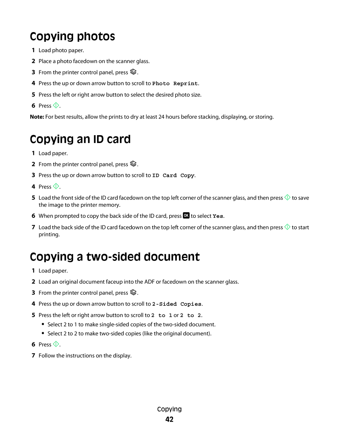 Dell P513w manual Copying photos, Copying an ID card, Copying a two-sided document 