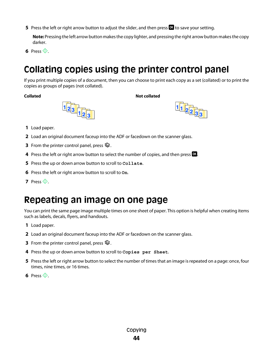 Dell P513w manual Collating copies using the printer control panel, Repeating an image on one 