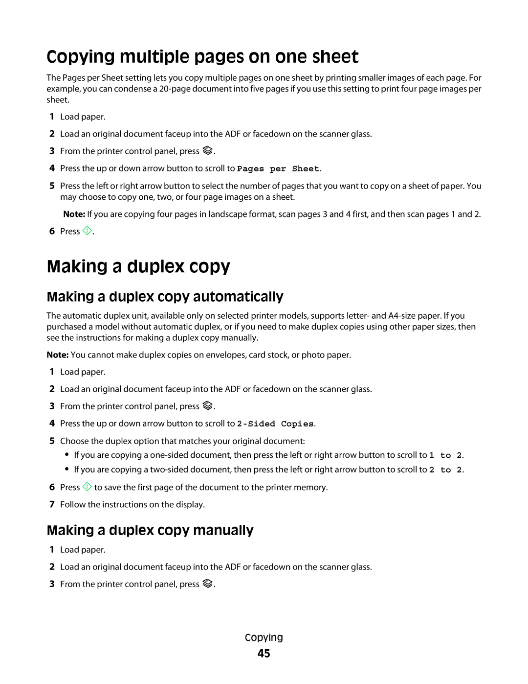 Dell P513w Copying multiple pages on one sheet, Making a duplex copy automatically, Making a duplex copy manually 