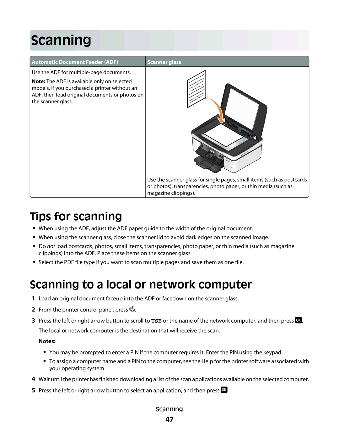 Dell P513w manual Tips for scanning, Scanning to a local or network computer 