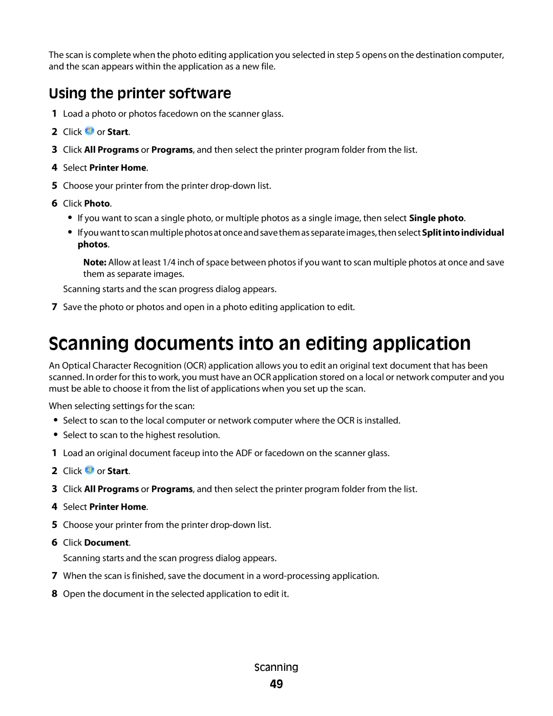 Dell P513w manual Scanning documents into an editing application, Using the printer software 