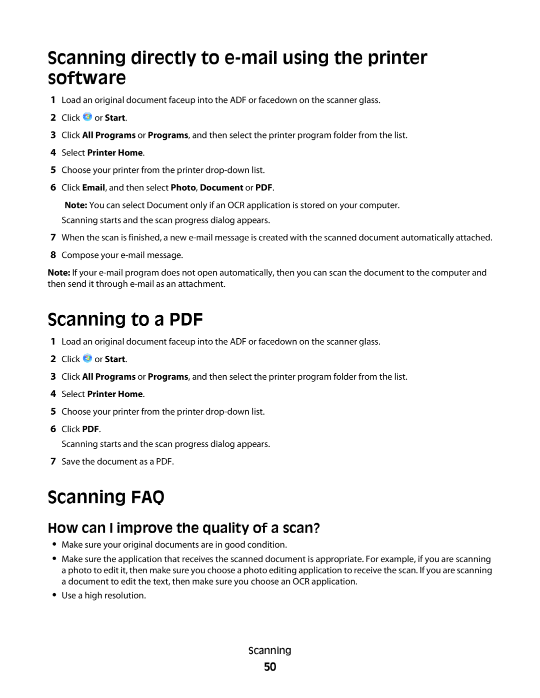 Dell P513w Scanning directly to e-mail using the printer software, Scanning FAQ, How can I improve the quality of a scan? 