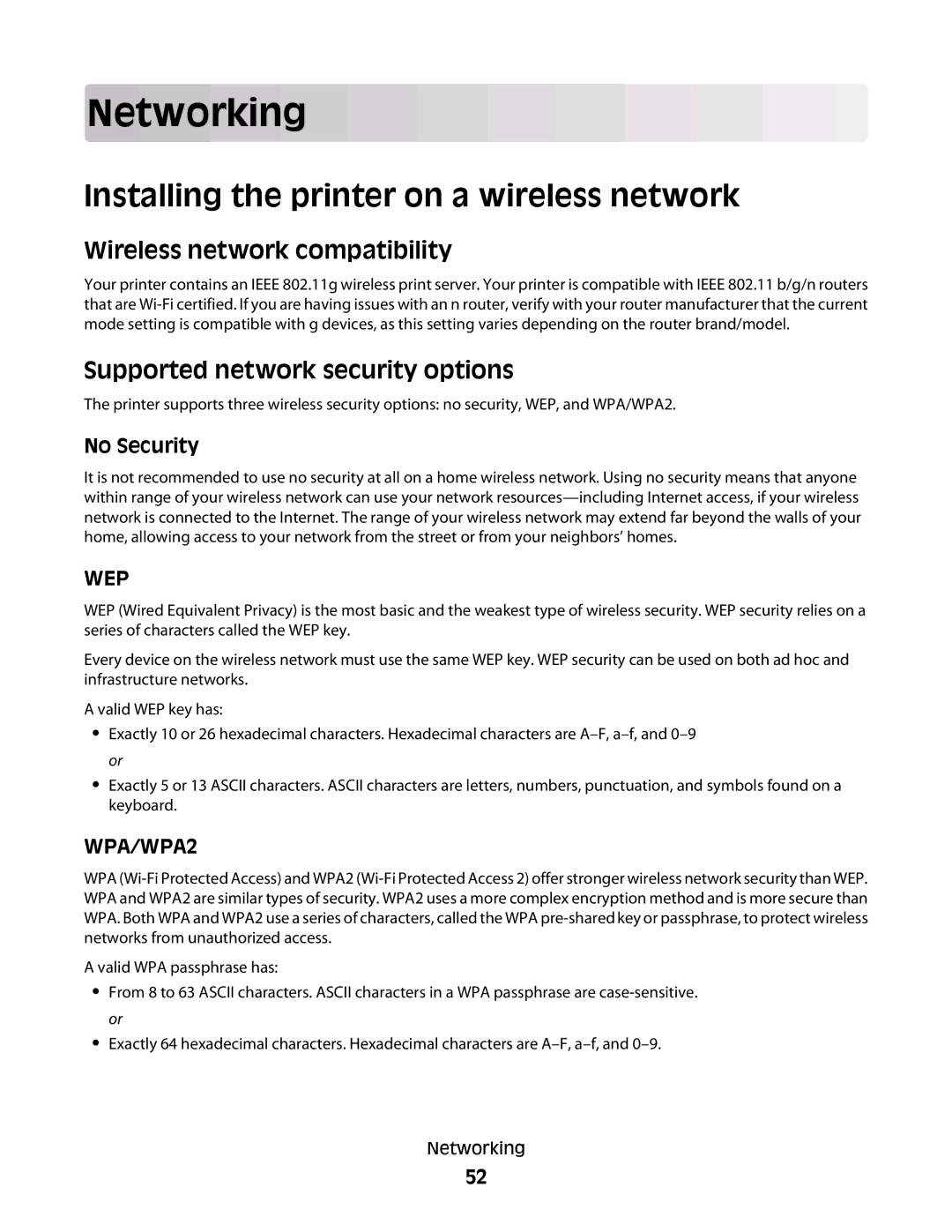 Dell P513w manual Networking, Installing the printer on a wireless network, Wireless network compatibility, No Security 