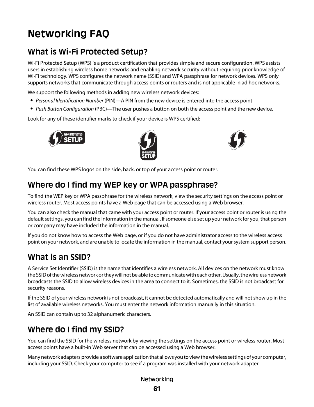 Dell P513w Networking FAQ, What is Wi-Fi Protected Setup?, Where do I find my WEP key or WPA passphrase?, What is an SSID? 