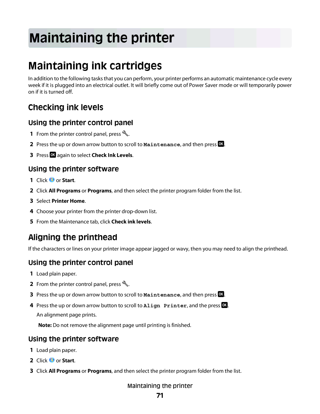 Dell P513w manual Maintaining the printer, Maintaining ink cartridges, Checking ink levels, Aligning the printhead 