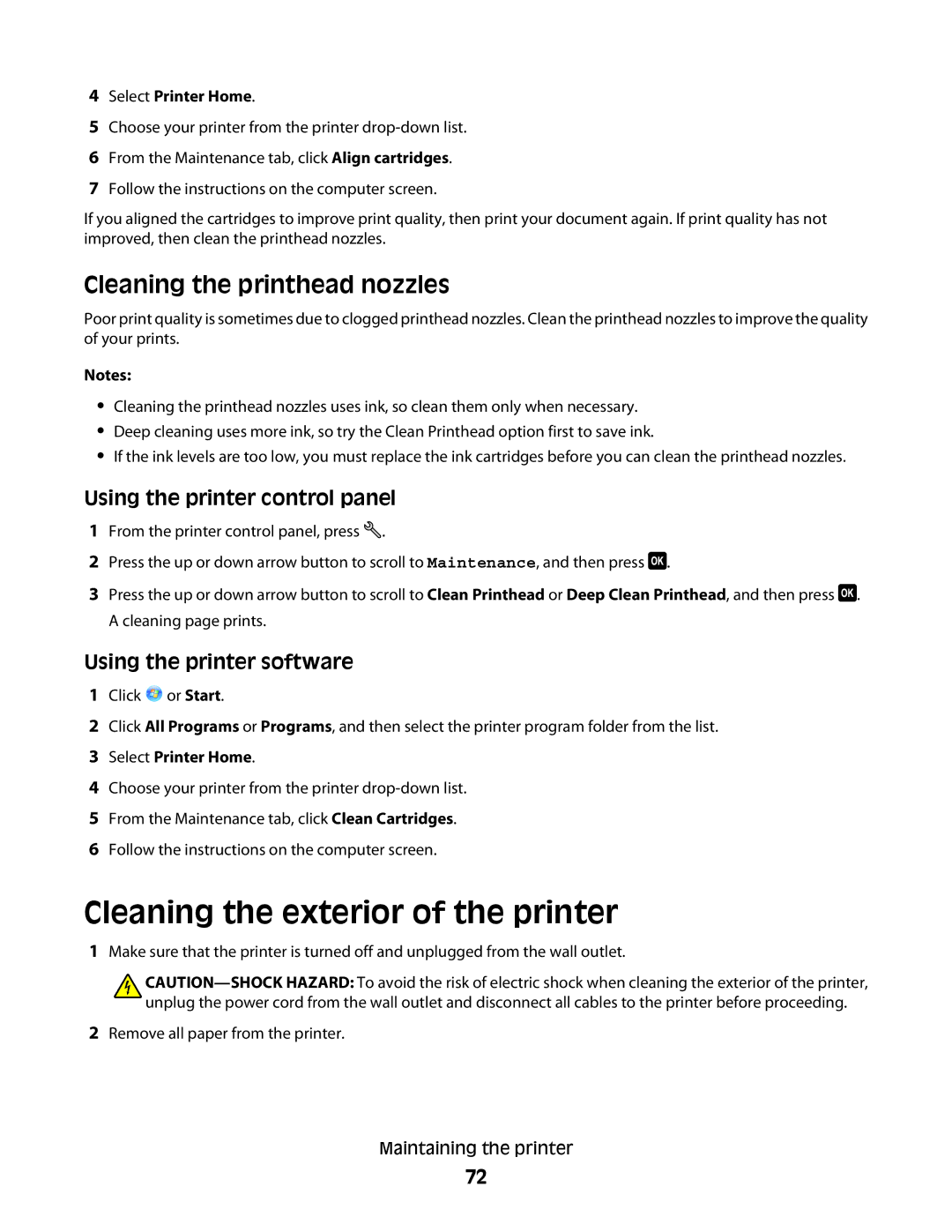 Dell P513w manual Cleaning the exterior of the printer, Cleaning the printhead nozzles 