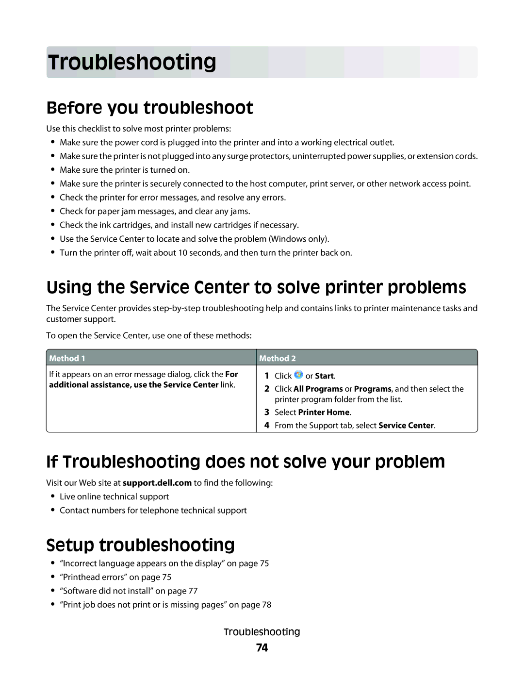 Dell P513w manual Troubleshooting, Before you troubleshoot, Using the Service Center to solve printer problems 