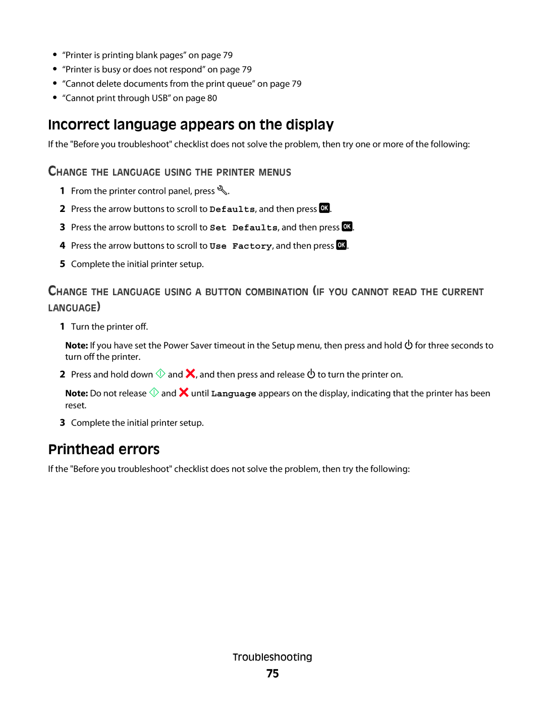 Dell P513w manual Incorrect language appears on the display, Printhead errors, Change the Language Using the Printer Menus 