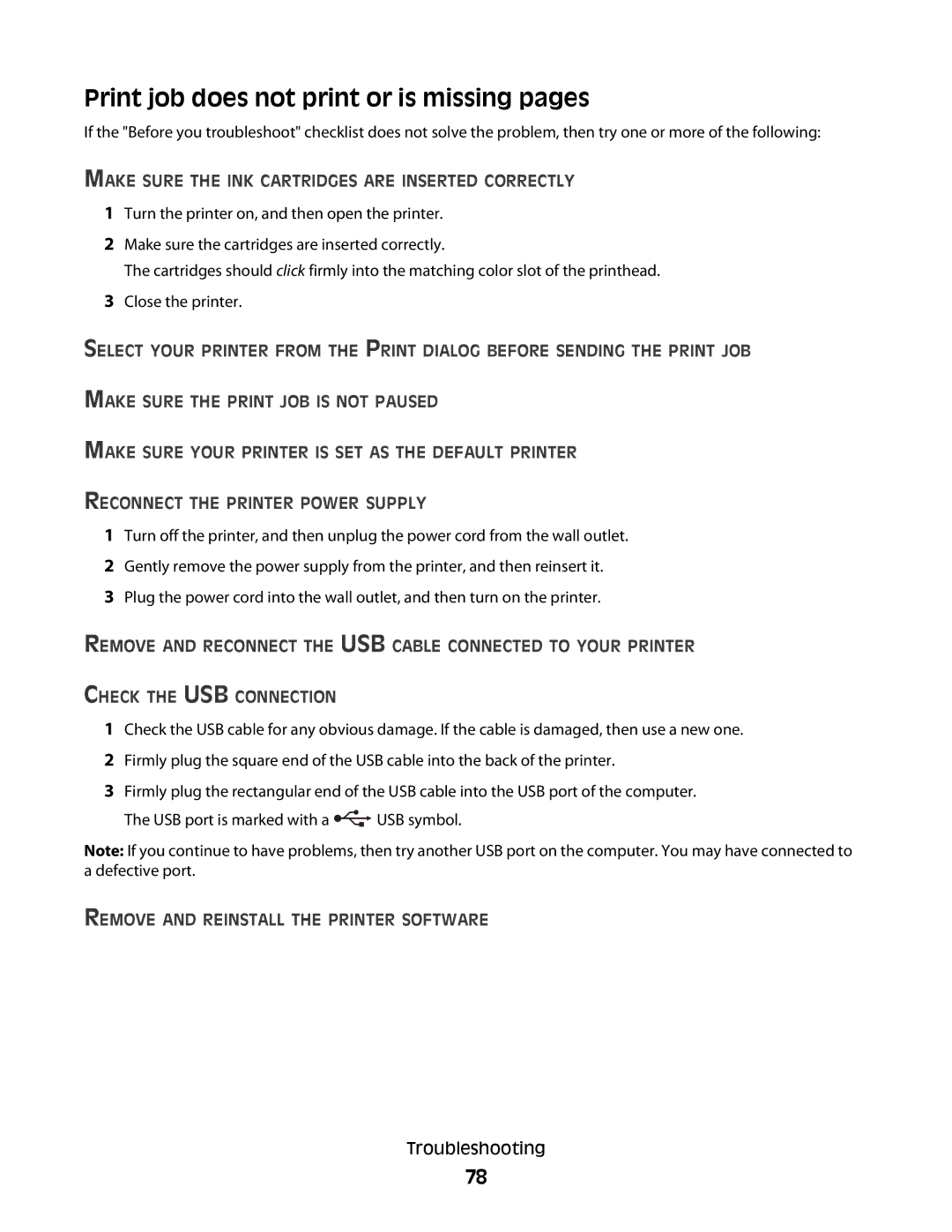 Dell P513w manual Print job does not print or is missing pages, Make Sure the INK Cartridges are Inserted Correctly 