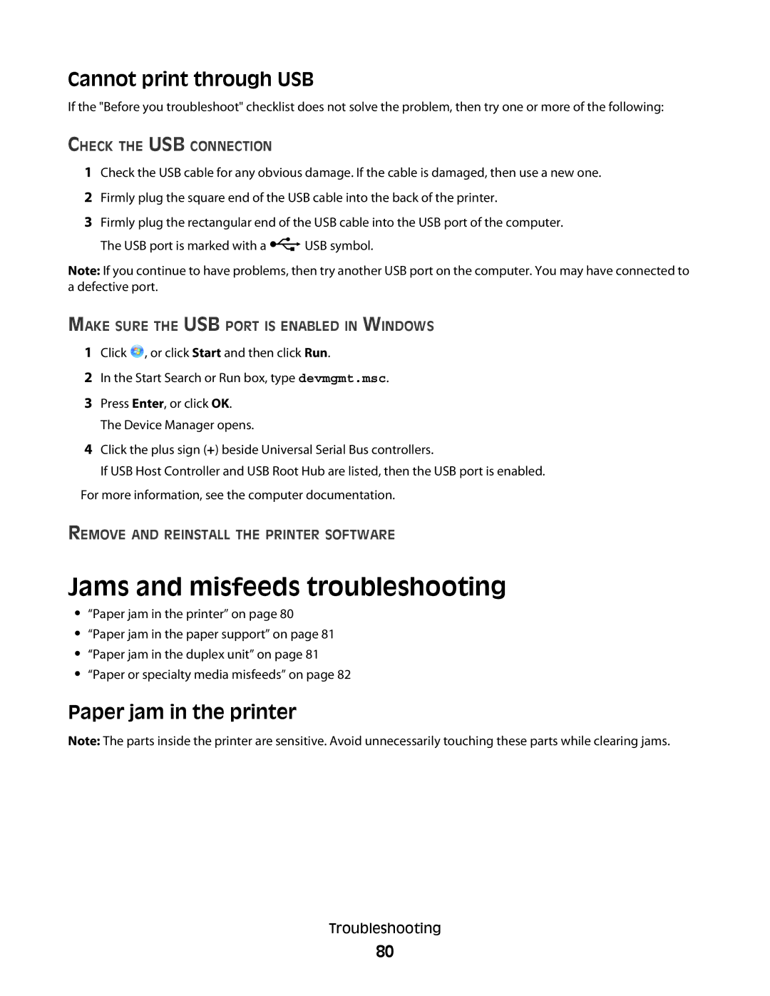 Dell P513w manual Jams and misfeeds troubleshooting, Cannot print through USB, Paper jam in the printer 